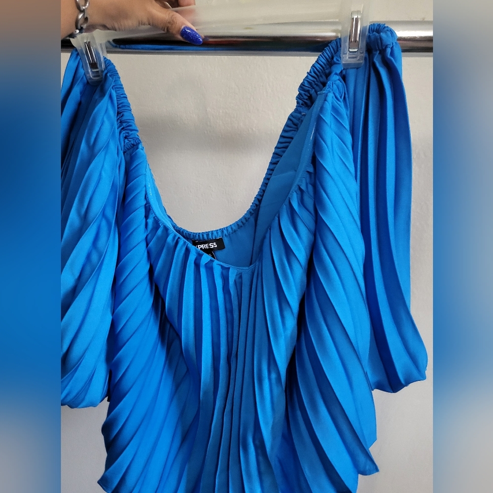 Express Vibrant Blue Pleated Blouse Off Shoulder